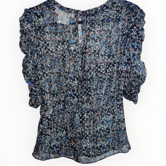 ISABEL MARANT HM Silk Ruched Top Blouse Peacock Print Pattern Metallic 2 XS Boho - Picture 5 of 7